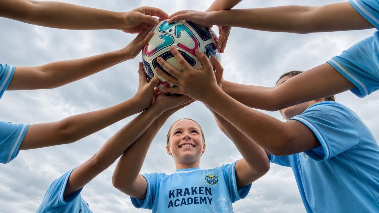 Kraken Academy players reaching in together to hold a ball above them, one player looking up