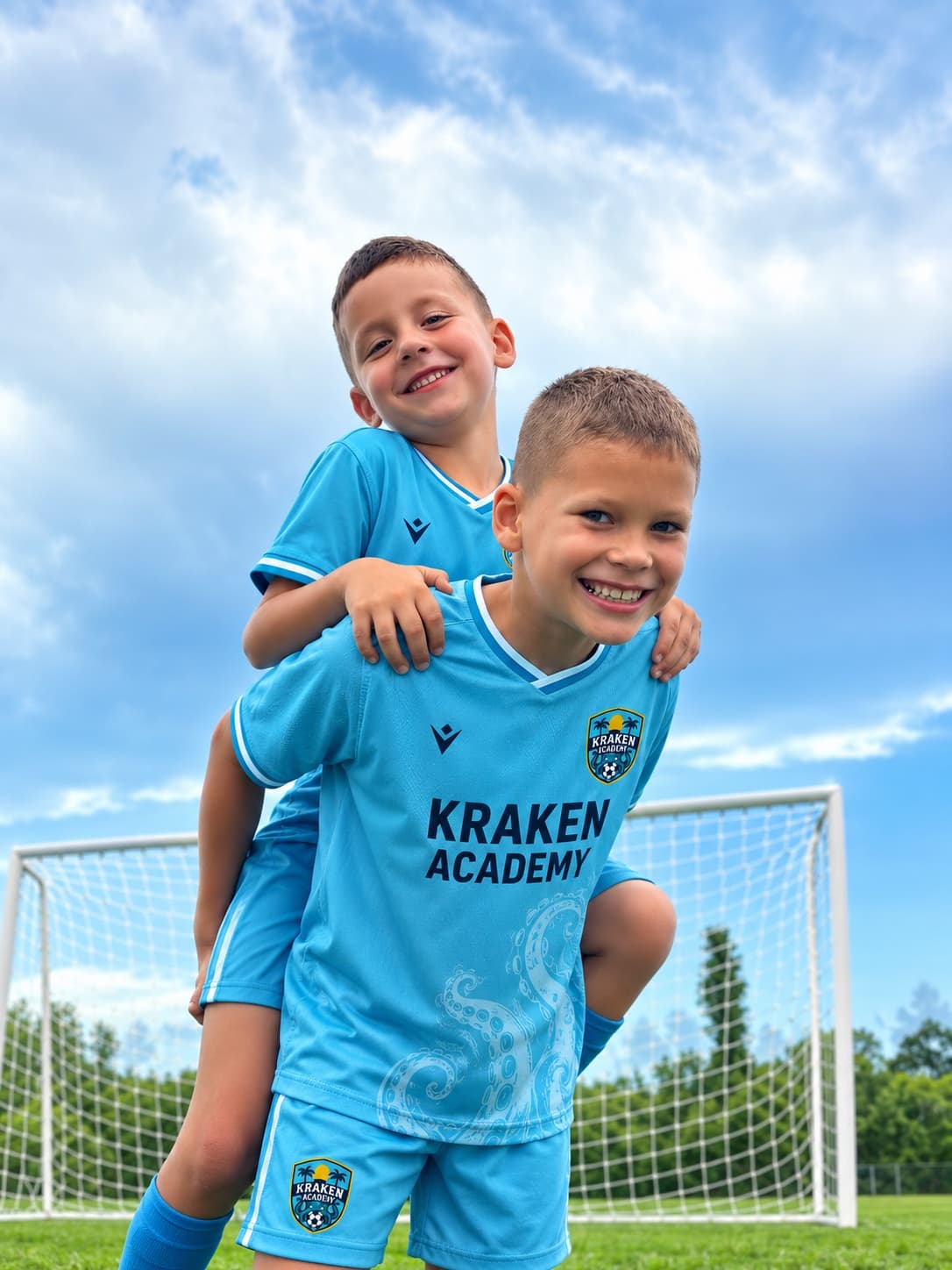 Two young Kraken Academy players grinning, one with an arm around the other